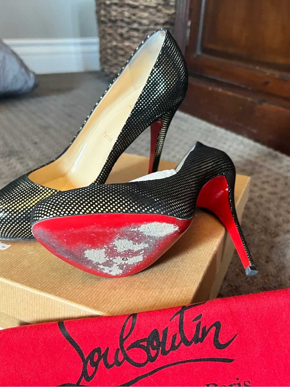 Christian Louboutin Black Mesh Pumps with Red Soles